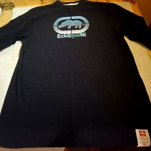 Ecko Unltd. Men's Black Tee With Blue Graphics-Size Medium